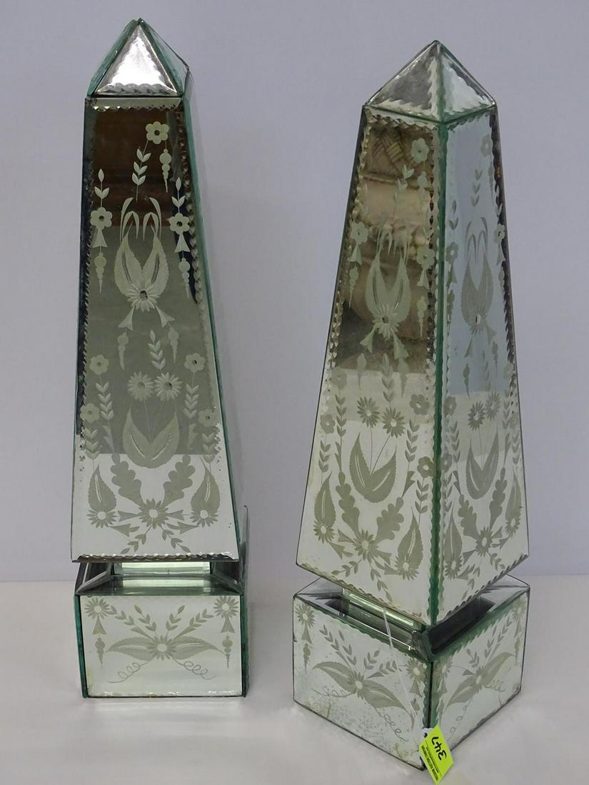 PAIR - VENETIAN OBELISK: MIRRORED GLASS. 21"H