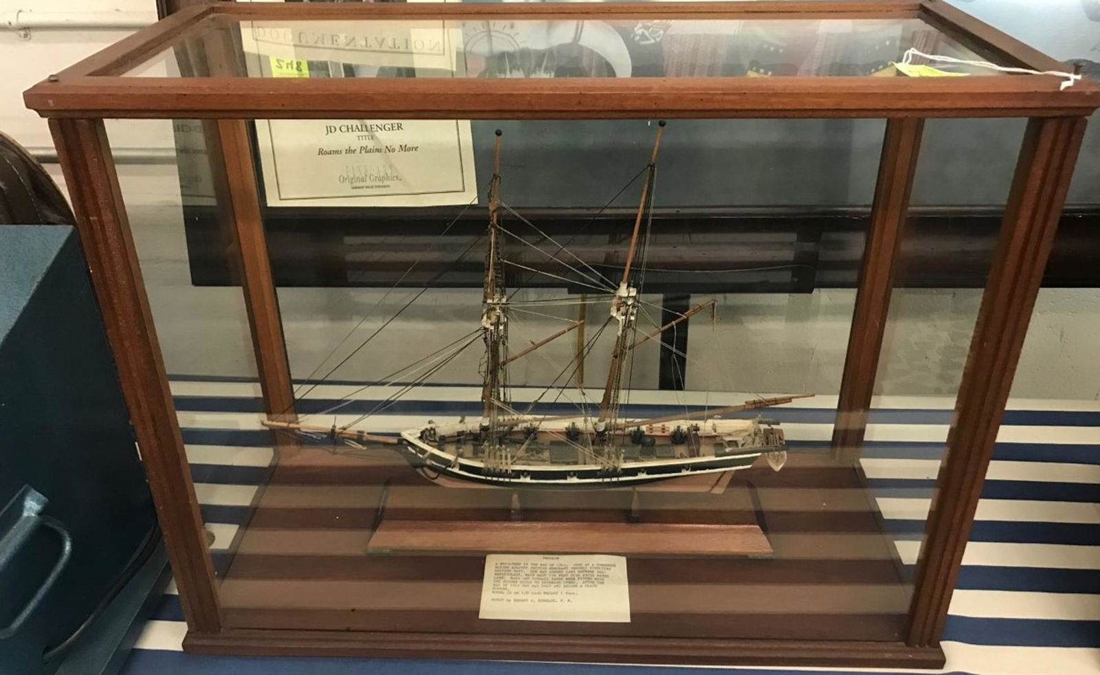 MODEL OF "SWALLOW" WARSHIP: 1/8" SCALE OF PRIVATEER IN THE WAR OF 1812. ENCASED IN BEAUTIFUL DISPLAY. CASE IS 24"X11"X19"