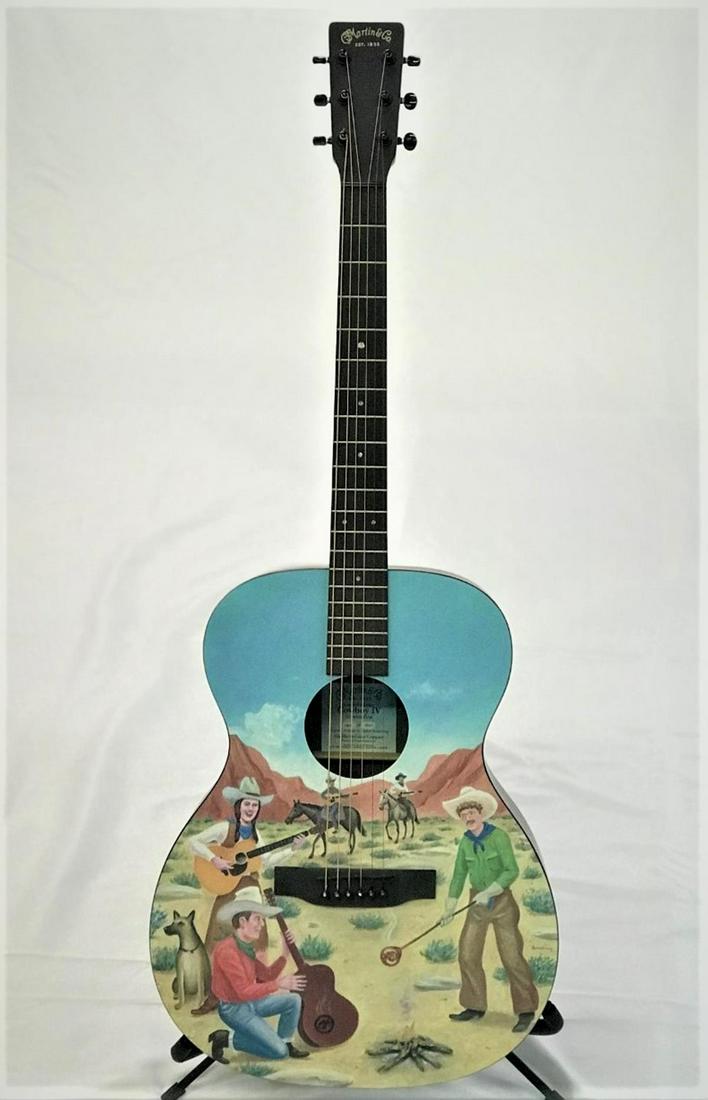 MARTIN COWBOY IV ACOUSTIC GUITAR: #147/250. VERY LIMITED EDITION. HIGH PRESSURE LAMINATE, SPRUCE, IMAGE OF CHRIS MARTIN HOLDING A CFM BRANDING IRON BY ARTIST ROBERT ARMSTRONG. MARTIN HARD SHELL CASE WITH PAPERS. EXCELLENT CONDITION