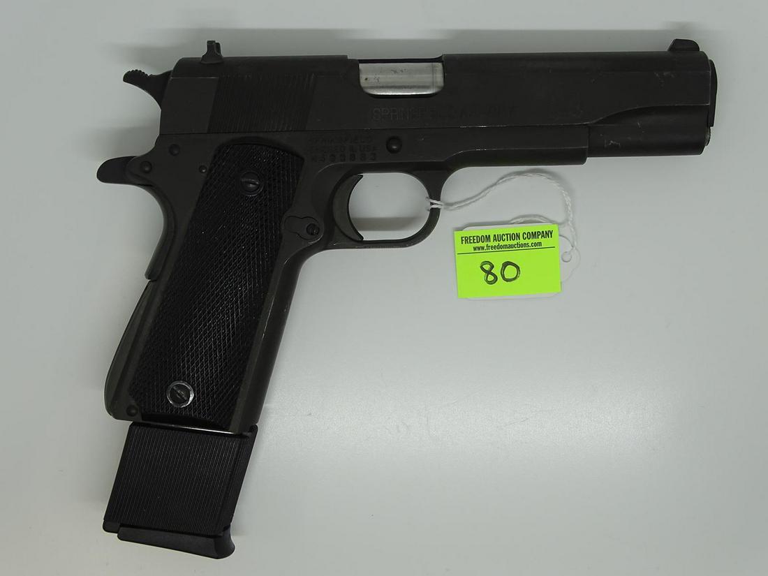SPRINGFIELD ARMORY M1911-A1 SEMI AUTO: .45 CAL., SERIAL N433863. HARD CASE, EXTENDED MAGAZINE.