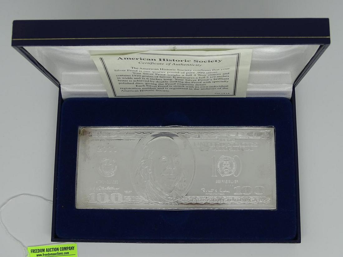 QUARTER POUND $100 SILVER BAR: 4 TROY OUNCES