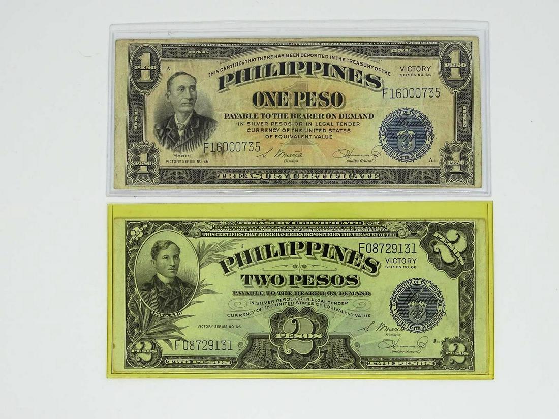 PAIR - PHILLIPINES VICTORY NOTES: $1 AND $2 NOTES