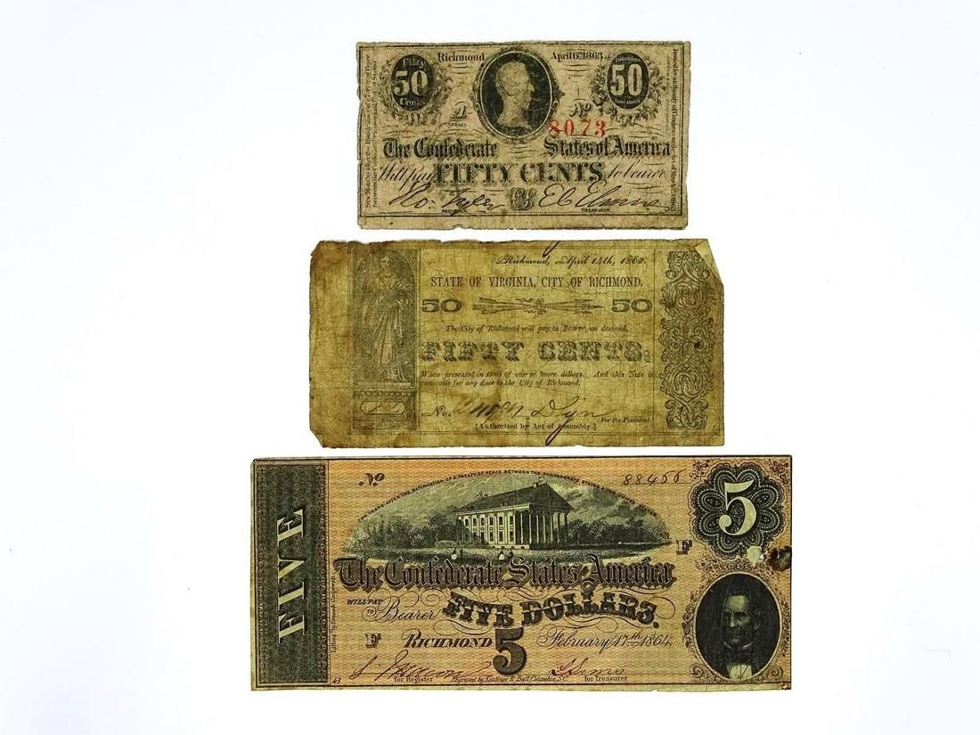 TRIO OF CIVIL WAR CONFEDERATE NOTES: INCLUDES 1862 50-CENT FRACTIONAL, 1863 50-CENT FRACTIONAL, 1864 $5 NOTE.