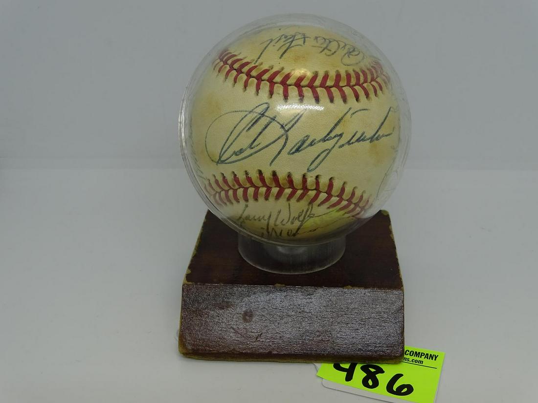 1980 BOSTON RED SOX TEAM-SIGNED BASEBALL: PERSONALLY RECEIVED, UNCERTIFIED. CARLTON FISK, CARL YASTRZEMSKI, FRED LYNN, DENNIS ECKERSLEY, DICK DRAGO, JACK BILLINGHAM, JERRY REMY, JERRY RICE, MIKE TORREZ, GARY ALLENSON, TOM BURGMEIER, STAN PAPI