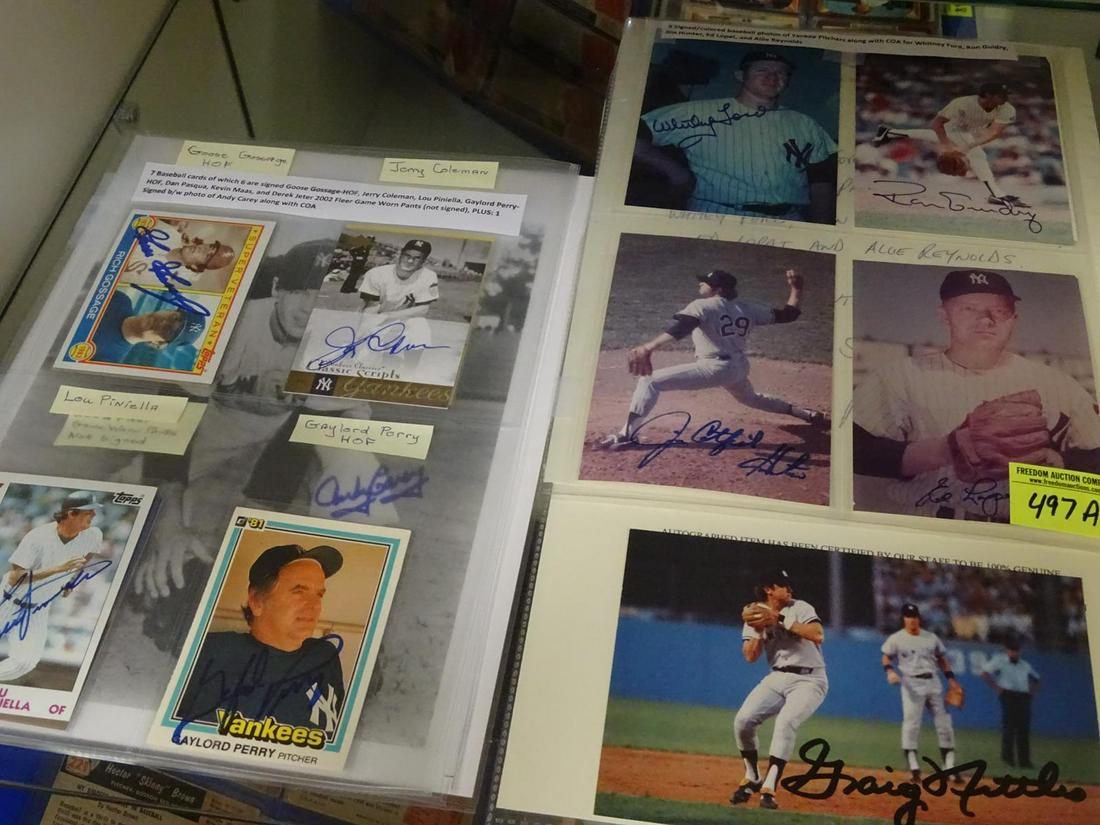 COLLECTION OF BASEBALL STARS AUTOGRAPHS: WHITEY FORD, RON GUIDRY, JIM "CATFISH" HUNTER, ED LOPAT, ALLIE REYNOLDS, GRAIG NETTLES, GOOSE GOSSAGE, JERRY COLEMAN, LOU PINELLA, GAYLORD PERRY, DAN PASQUA, KEVIN MASS. INCLUDES HALL OF FAMERS.