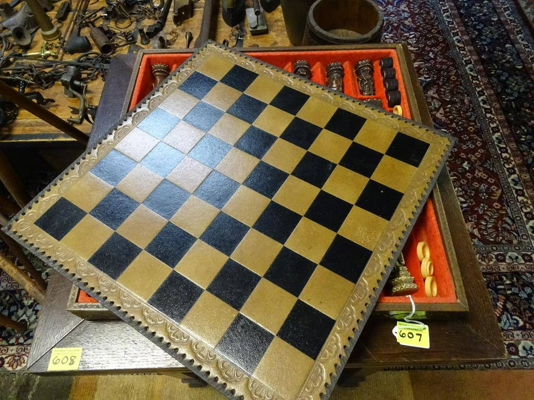 LEATHER WRAPPED CHESS BOARD: WITH CONTENTS