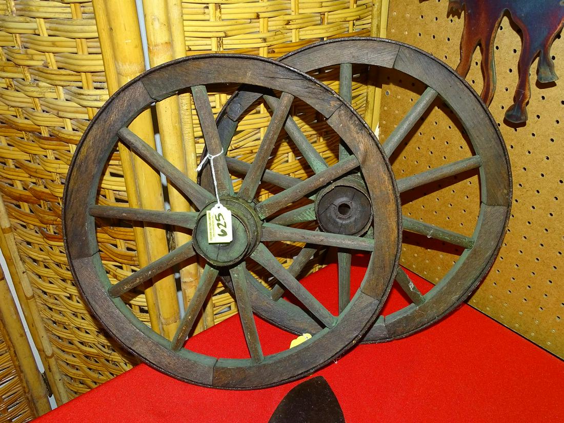 PAIR OF OLD WAGON WHEELS: WOODEN SPOKE, IRON BAND. 17"