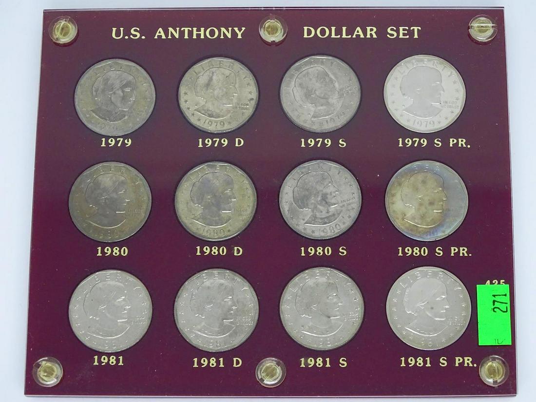U.S. ANTHONY DOLLAR SET: A SUPERB COLLECTION OF 12 COINS IN THE SERIES FOR 1979, 1980 AND 1981. CONTAINS EACH MINT AND PROOF FOR EACH YEAR IN CAPITAL HOLDER.