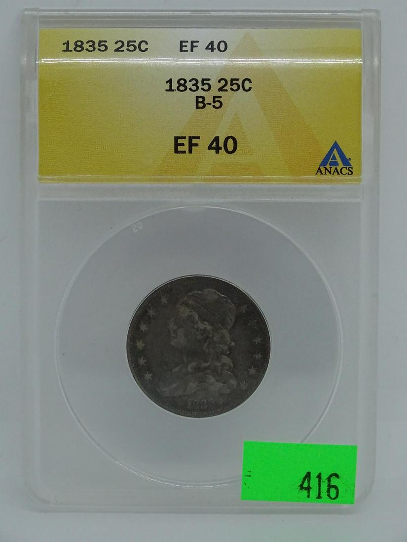 1835 U.S. BUST QUARTER: XF40 BY ANACS