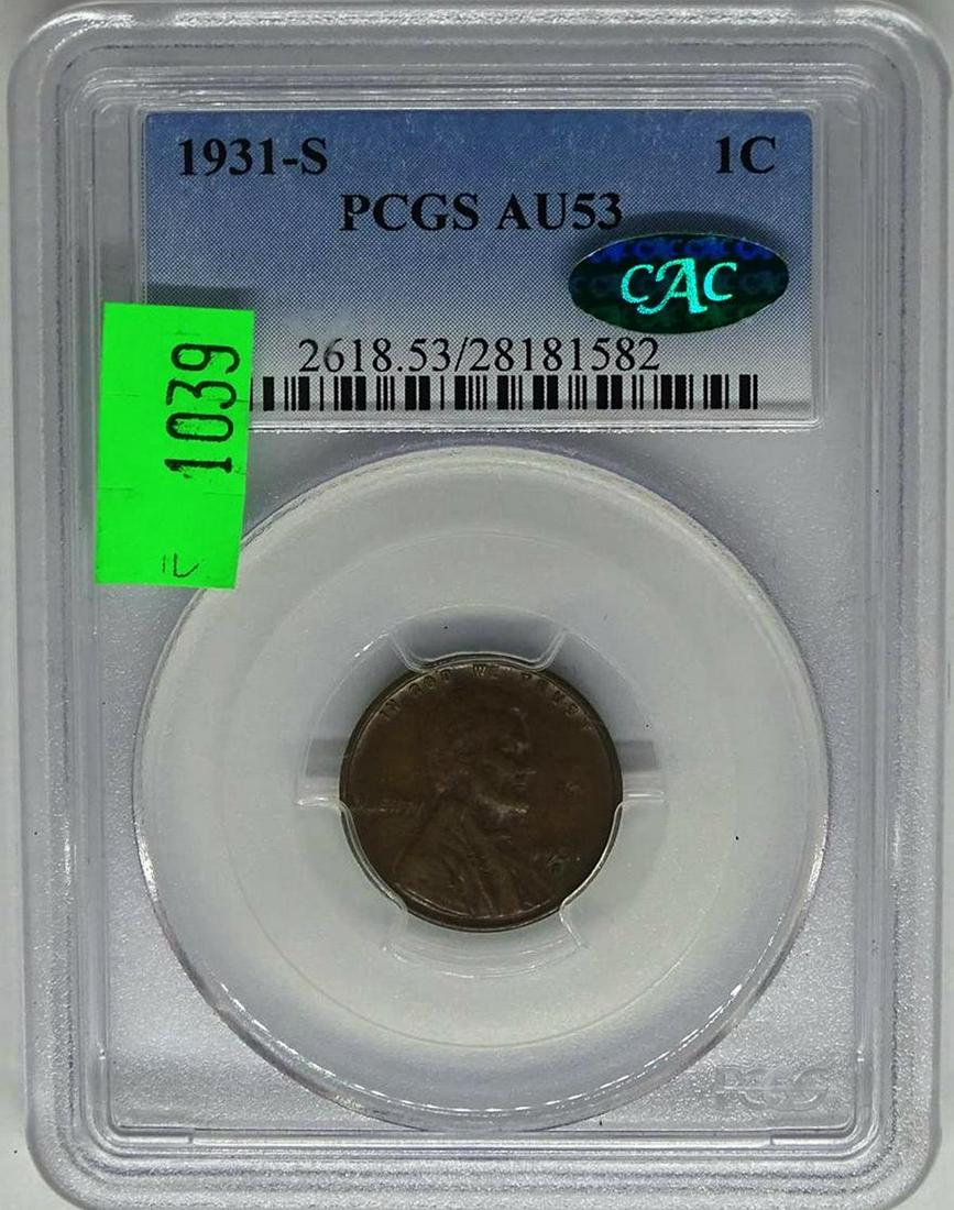 1931-S U.S. LINCOLN CENT: SEMI-KEY DATE, AU53 BY PCGS, CAC LABEL