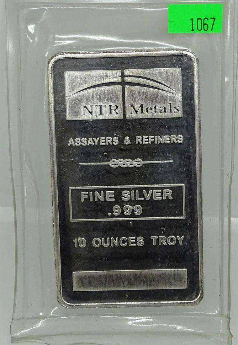NTR METALS 10 OUNCE SILVER BAR: 999 FINE SILVER, 10 OUNCES