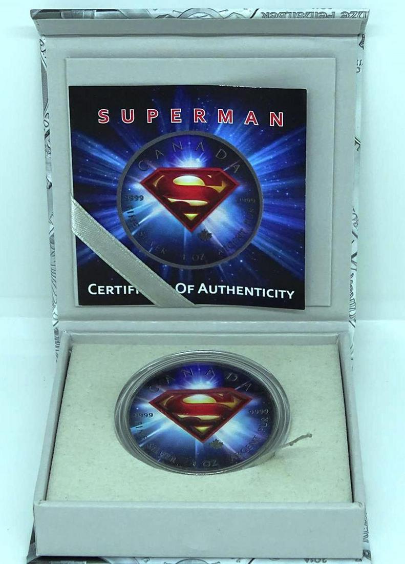 2016 CANADA COLORIZED MAPLE LEAF: SUPERMAN MOTIF, ONE OUNCE, WITH BOX AND PAPER