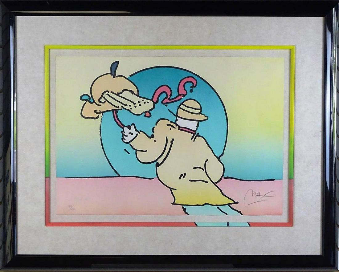 PETER MAX (AMERICAN, 20TH C.) SCREENPRINT: UMBRELLA MAN" SCREENPRINT IN COLORS WITH ACRYLIC PAINTING ON LINEN MATTE ACCENT. EDITION OF 200. SIGNED, BLINDSTAMP. 36"X46
