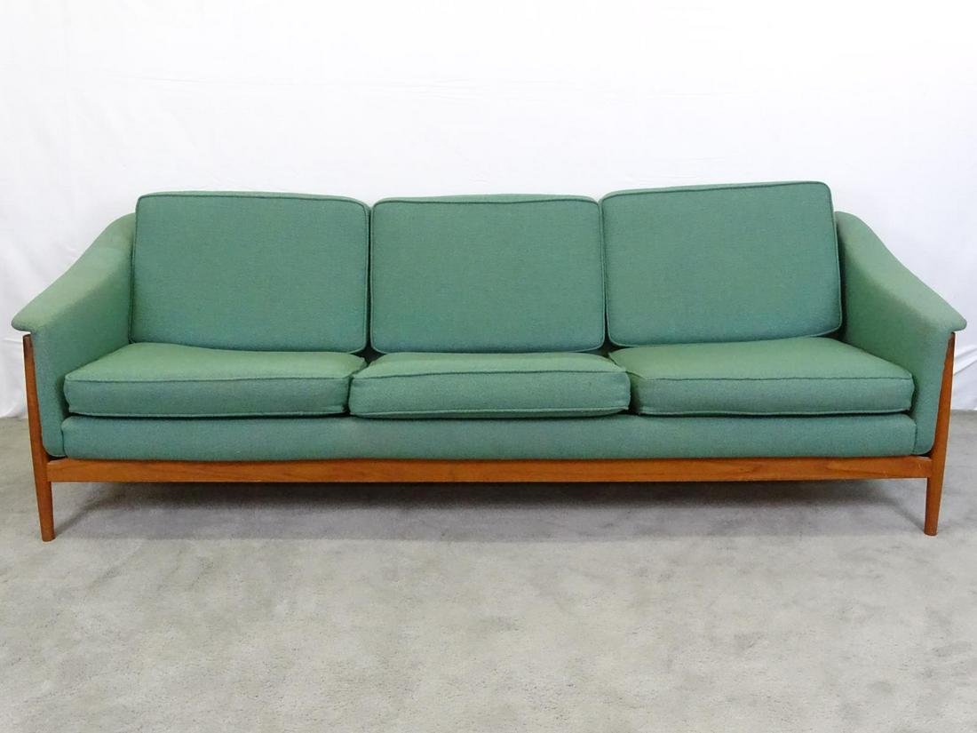 FOLKE OHLSSON FOR DUX SOFA - SWEDEN: A NICE EXAMPLE OF THIS VINTAGE FORM WITH TEAK BASE AND ORIGINAL GREEN/BLUE UPHOLSTERY. GOOD VINTAGE CONDITION. 84"X32", 18"SEAT, 25"BACK.