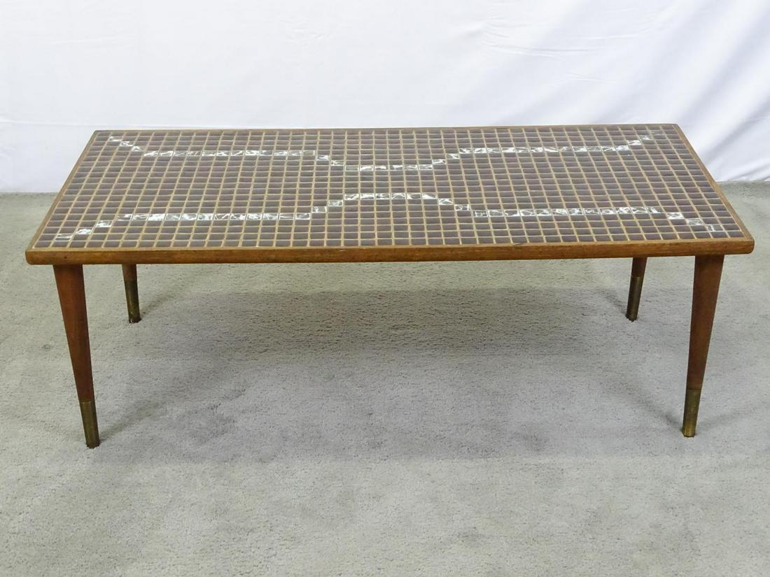 VINTAGE TILE TOP COFFEE TABLE: HAVING SCREW-IN LEGS AND MOSAIC TILE TOP. 44"X21.5"X16"
