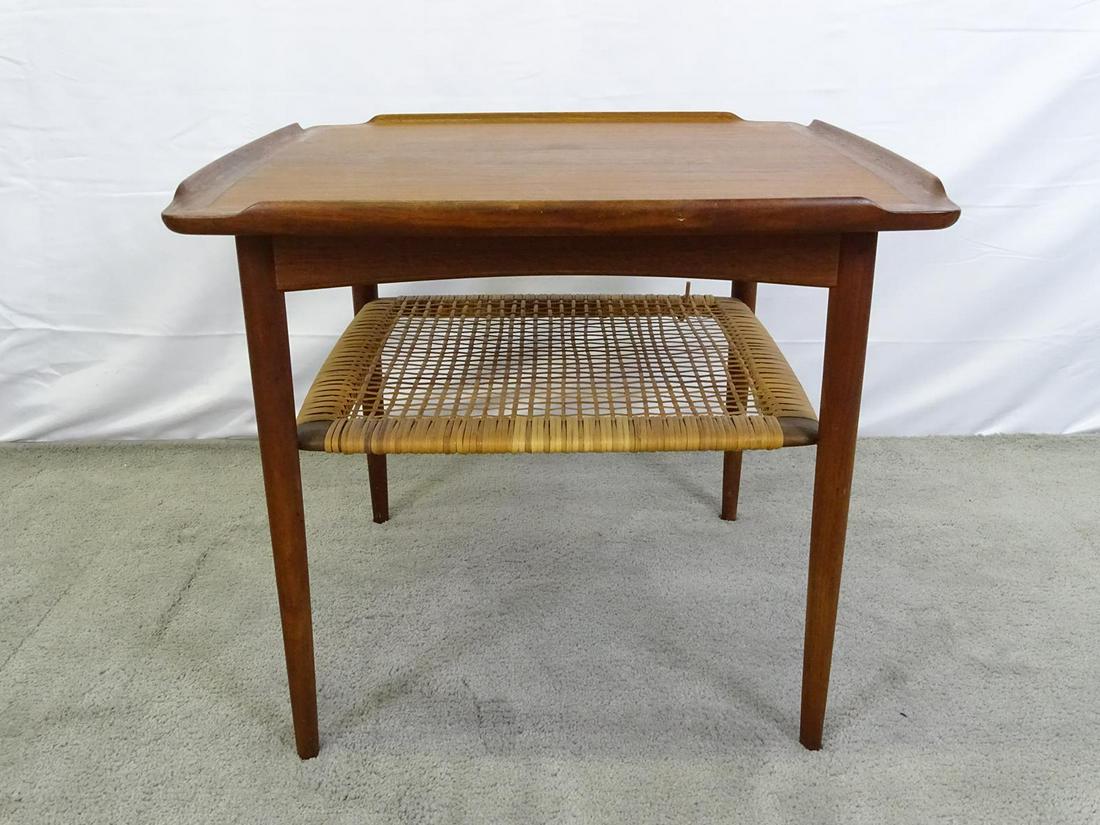 POUL JENSEN FOR SELIG OCCASIONAL TABLE: SCARCE SQUARE-FORM DANISH MODERN TEAK TABLE HAVING CANED SHELF. ONE SECTION WITH LOOSE CANING AS SHOWN. 23"X23"X20.5"