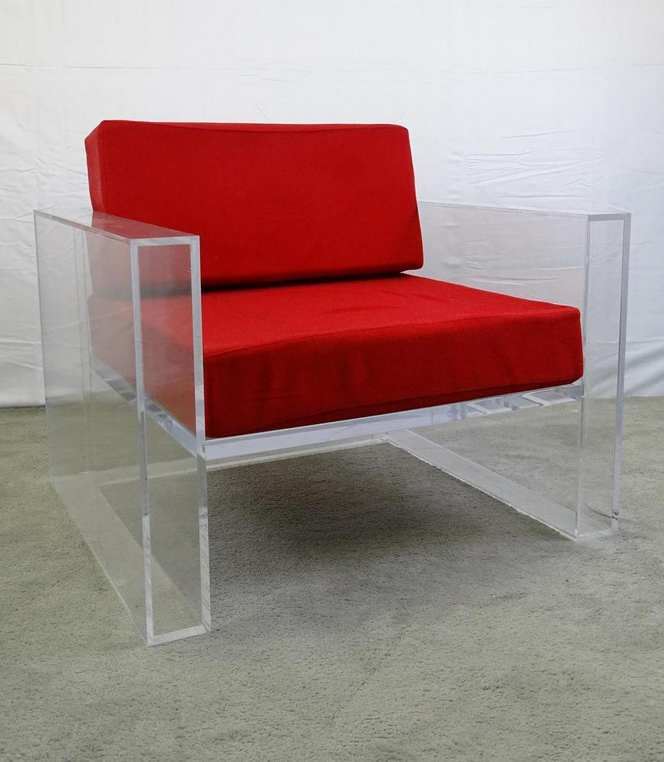 LARGE LUCITE CLUB CHAIR: A STATEMENT PIECE HAVING HEAVY LUCITE FRAME AND CASHMERE UPHOLSTERY. THIS WAS CUSTOM MADE FOR A NYC BURBERRY FASHION PHOTO SHOOT. LUCITE IS CLEAR AND FREE OF CRAZING. 36"X32". 18" SEAT, 24" BACK AND S