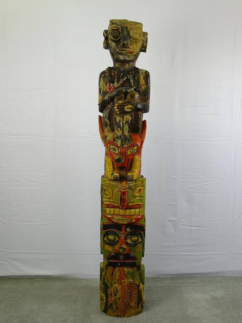VINTAGE FOLK ART CARVED TOTEM: E.V.A. SIGNED, 1975. 65"