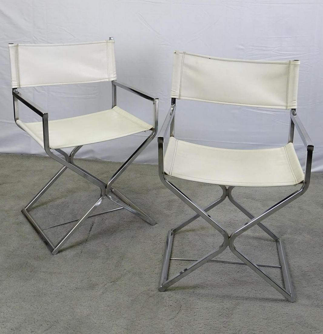ROBERT KJER JACOBSEN FOR VIRTUE DIRECTOR CHAIRS: PAIR OF DIRECTORS CHAIRS IN WHITE LEATHER WITH CHROME METAL FRAMES. HAVING LIGHT WEAR TO LEATHER. 20'X16"X31".