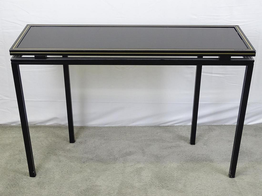 PIERRE VANDEL, PARIS, CONSOLE TABLE: INSET GLASS TOP, BLACK LACQUERED METAL FRAME AND BRASS DETAILING. LABELED. 29"X43"X14"