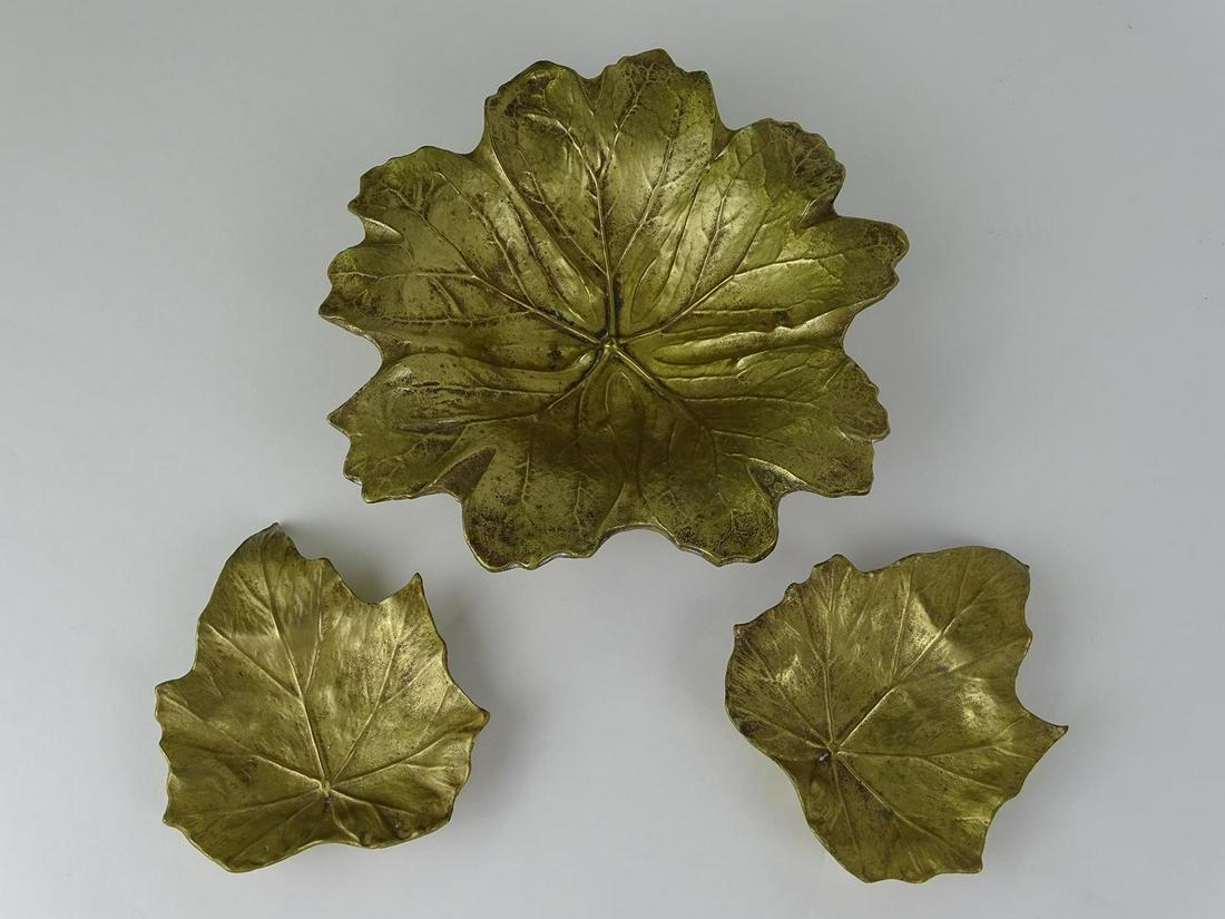 OSKAR J.W. HANSEN FOR VIRGINIA METALCRAFTERS: HEAVY BRASS MAY APPLE LEAF FORM LARGE AND SMALL BOWLS. SIGNED. 4" AND 7"