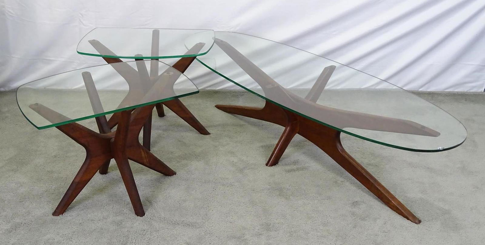ADRIAN PEARSALL FOR CRAFT ASSOCIATES TABLES: THREE JAX TABLES INCLUDING TWO SIDE AND ONE COFFEE. BASES IN GOOD CONDITION. SOME CHIPS IN GLASS. COFFEE IS 58"X20"X16", SIDES ARE 23.75"X16"X18.5"