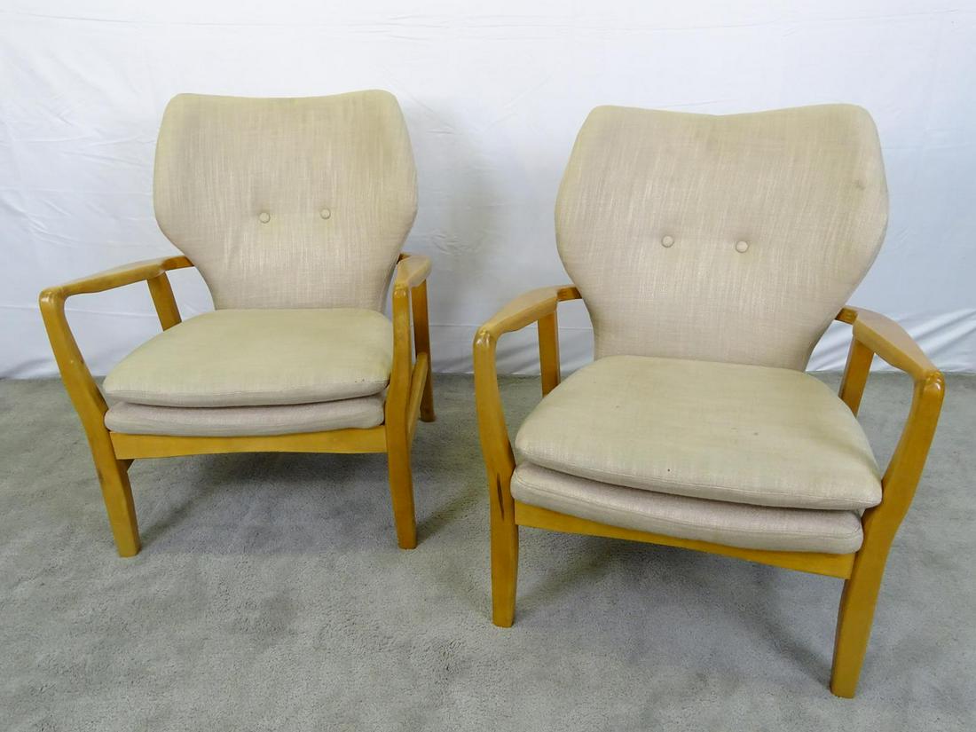 PAIR - SWEDISH LOUNGE CHAIRS: HAVING LIGHT WEAR AND SPOTS IN FABRIC UPHOLSTERY.