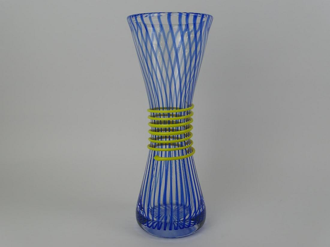 CZECH ART GLASS VASE: HAVING YELLOW SNAKE WRAP DESIGN. 13.25"