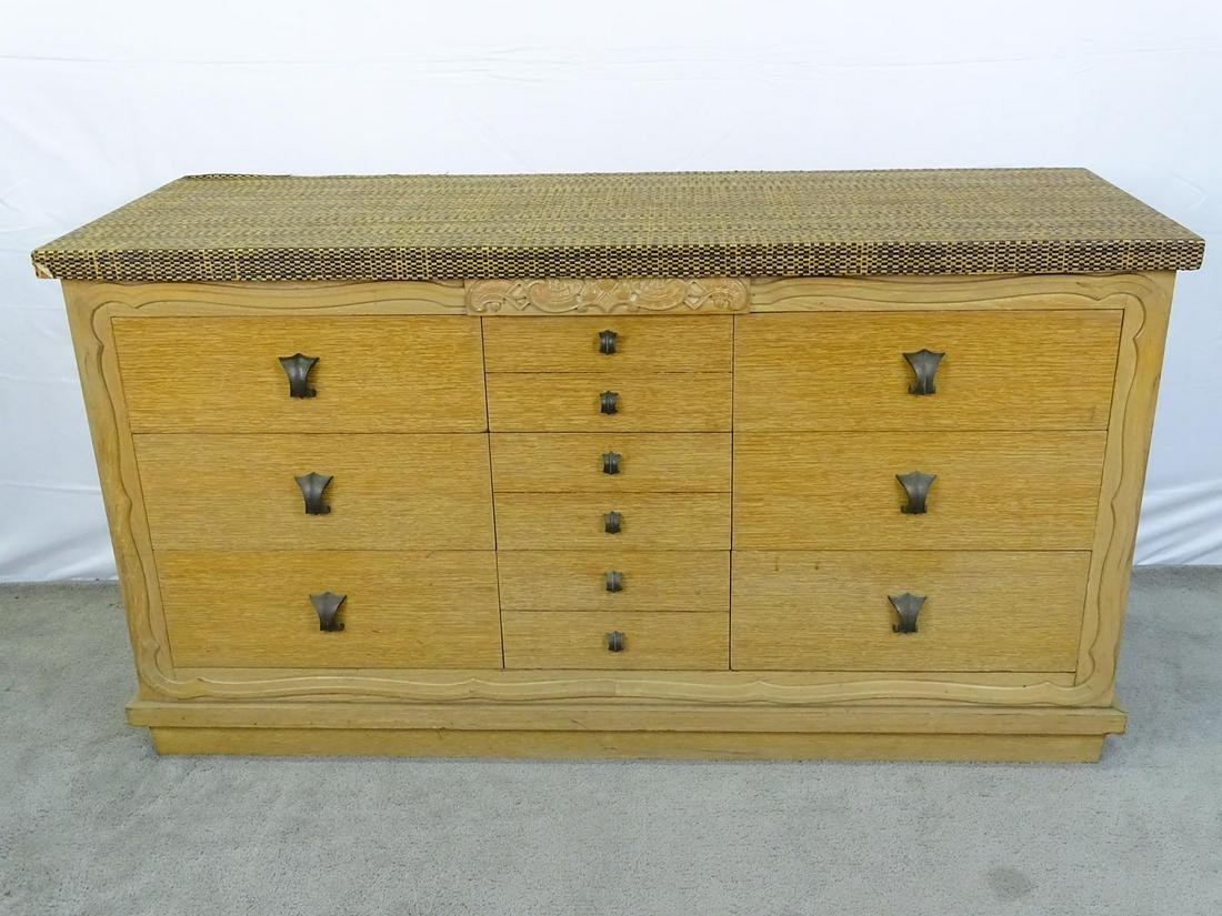 DOROTHY DRAPER STYLE THOMASVILLE CHAIR CO. DRESSER: HAVING 9 DRAWERS WITH RECENTLY APPLIED GRASS CLOTH TOP. 58"X32"X20"