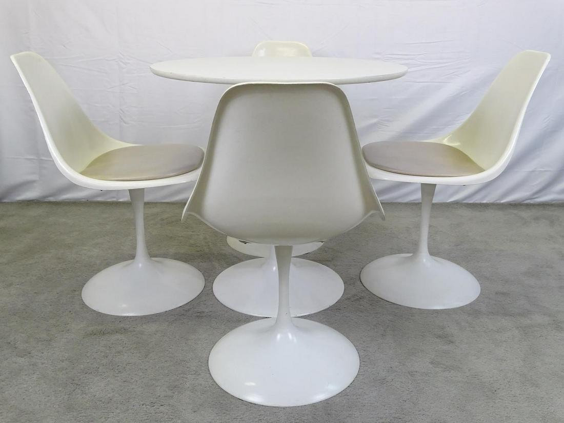 KNOLL-STYLE TULIP FORM DINETTE: TABLE AND FOUR CHAIRS. ON CHAIR REPAIRED, TABLE NICKED, WEAR CONSISTENT WITH AGE AND USE.