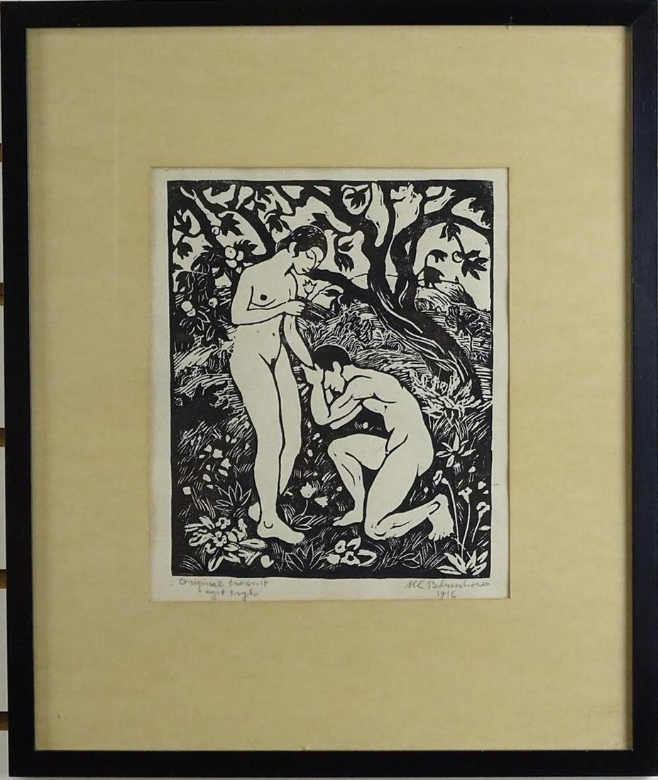 H.C. BARENHOLDT (DANISH, 1890-1976) WOODCUT: WOODCUT DEPICTION OF ADAM AND EVE, DATED 1916, SIGNED ILLEGIBLE.13"X16"