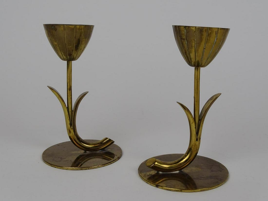 GUNNAR ANDER FOR YSTAD-METALL-SWEDEN CANDLESTANDS: PAIR, BRASS. SIGNED. FINISH CONSITENT WITH AGE. 4"