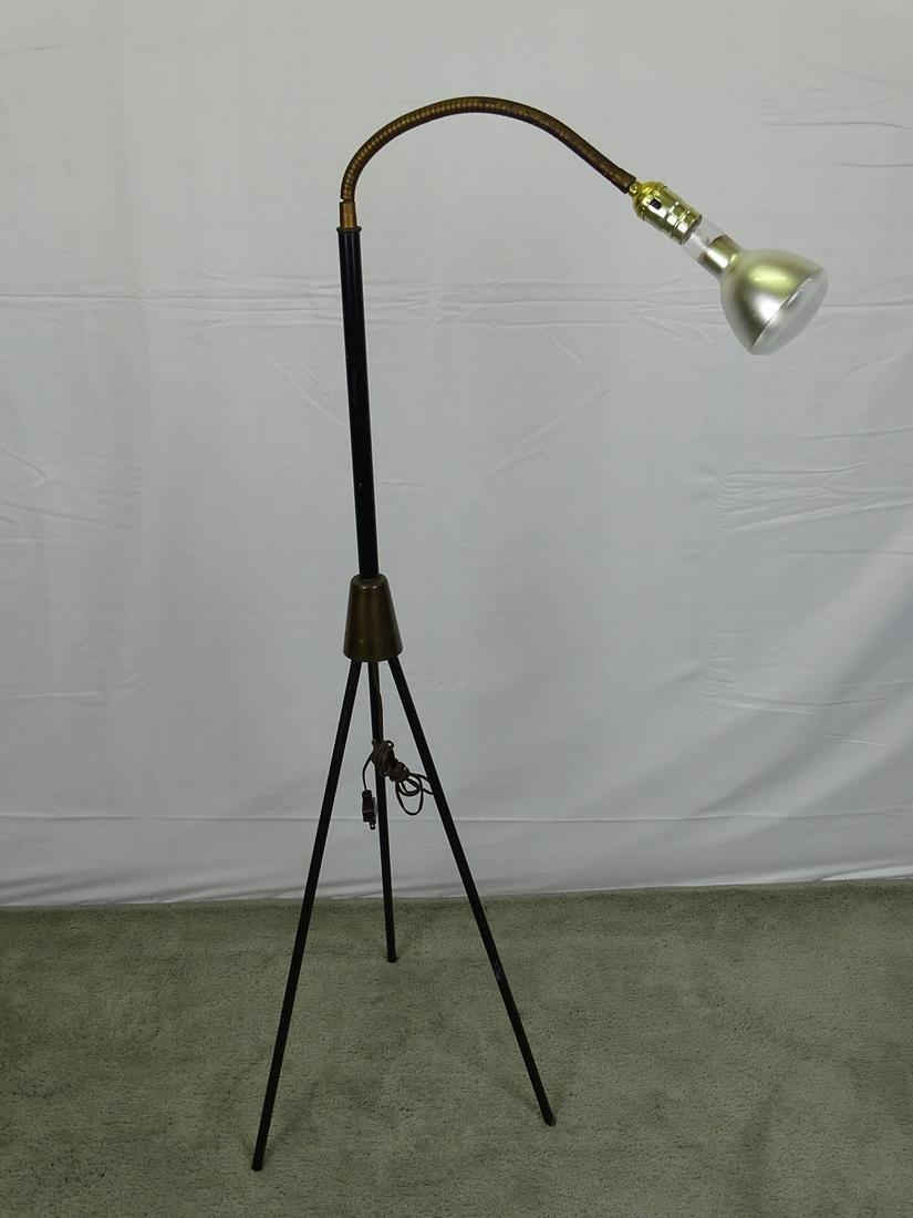 LIGHTOLIER (ATTR.) INDUSTRIAL FLOOR LAMP: POSSIBLY A GRETA GROSSMAN DESIGN. TRIPOD FRAME WITH ADJUSTIBLE GOOSENECK FIXTURE. 51"