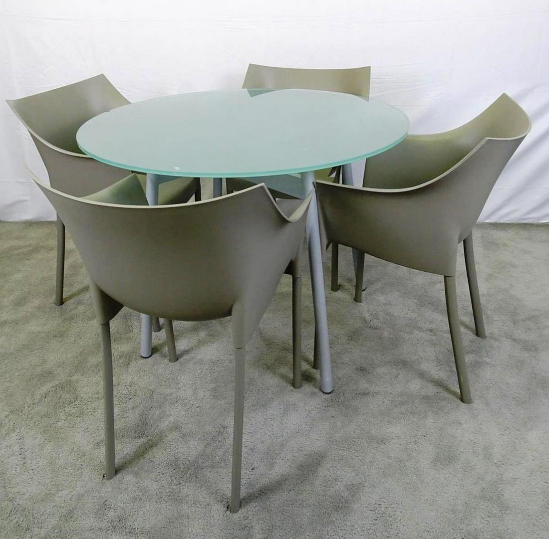 PHILIPPE STARCK FOR KARTELL DINETTE: INCLUDES 4 DR. NO STACK CHAIRS AND FROSTED GLASS TABLE (ATTR.). CHAIRS ARE MARKED.