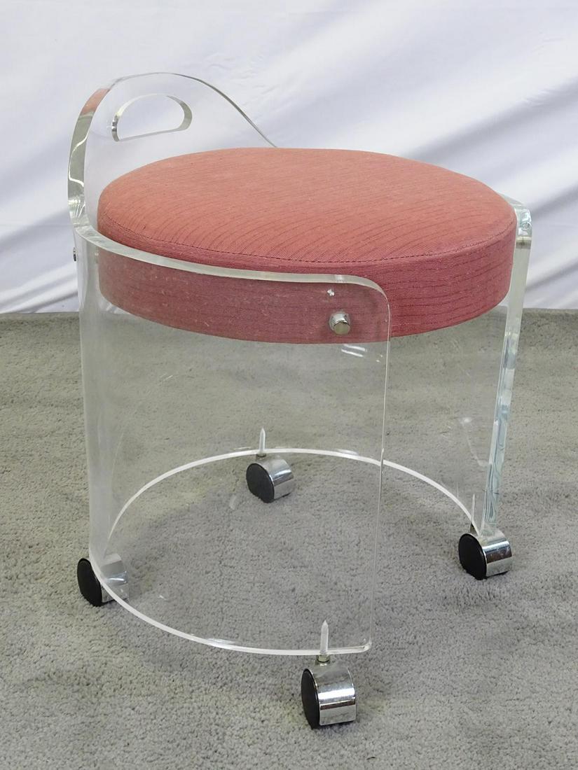 CHARLES HOLLIS JONES (ATTR.) LUCITE VANITY STOOL: LUCITE IS CLEAR WITHOUT CRAZING OR FADING.
