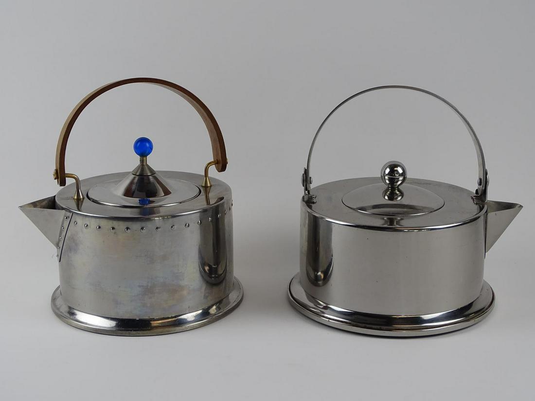 BODUM "OTTONI" KETTLE BY C. JORGENSEN: INCLUDING A SECOND SIMILAR KETTLE. STAINLESS STEEL WITH MAHOGANY HANDLE. ITALY