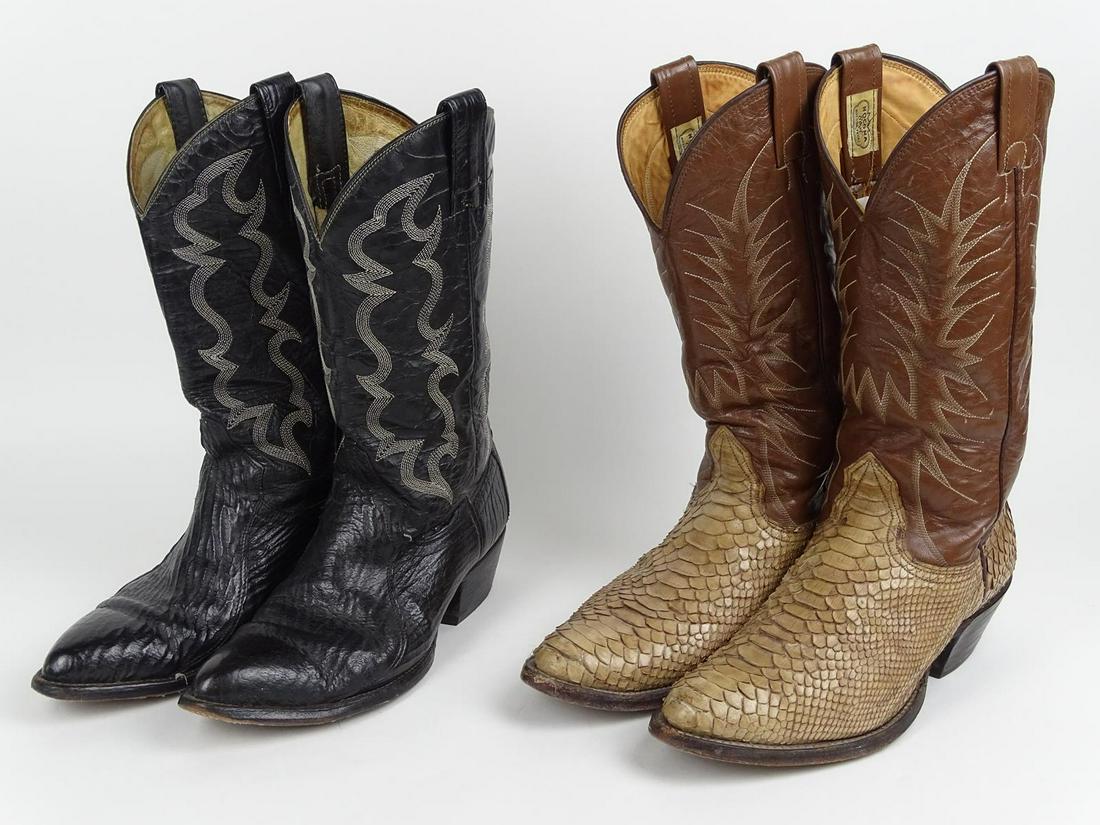 TWO PAIRS VINTAGE COWBOY BOOTS: COWTOWN (TEXAS) HIDE BOOTS AND NOCONA (ITALY) REPTILIAN BOOTS. BOTH SIZE 8.5"