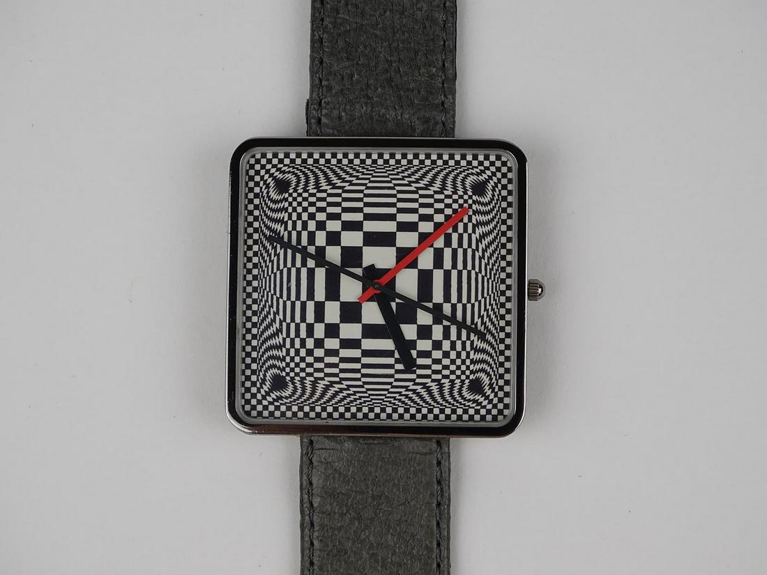 VICTOR VASERELY FOR BULOVA MEN'S WRISTWATCH: CLASSIC MOMENTS SERIES. VICTOR VASERELY OP-ART DIAL. RUNNING. INCLUDES LEATHER CASE.