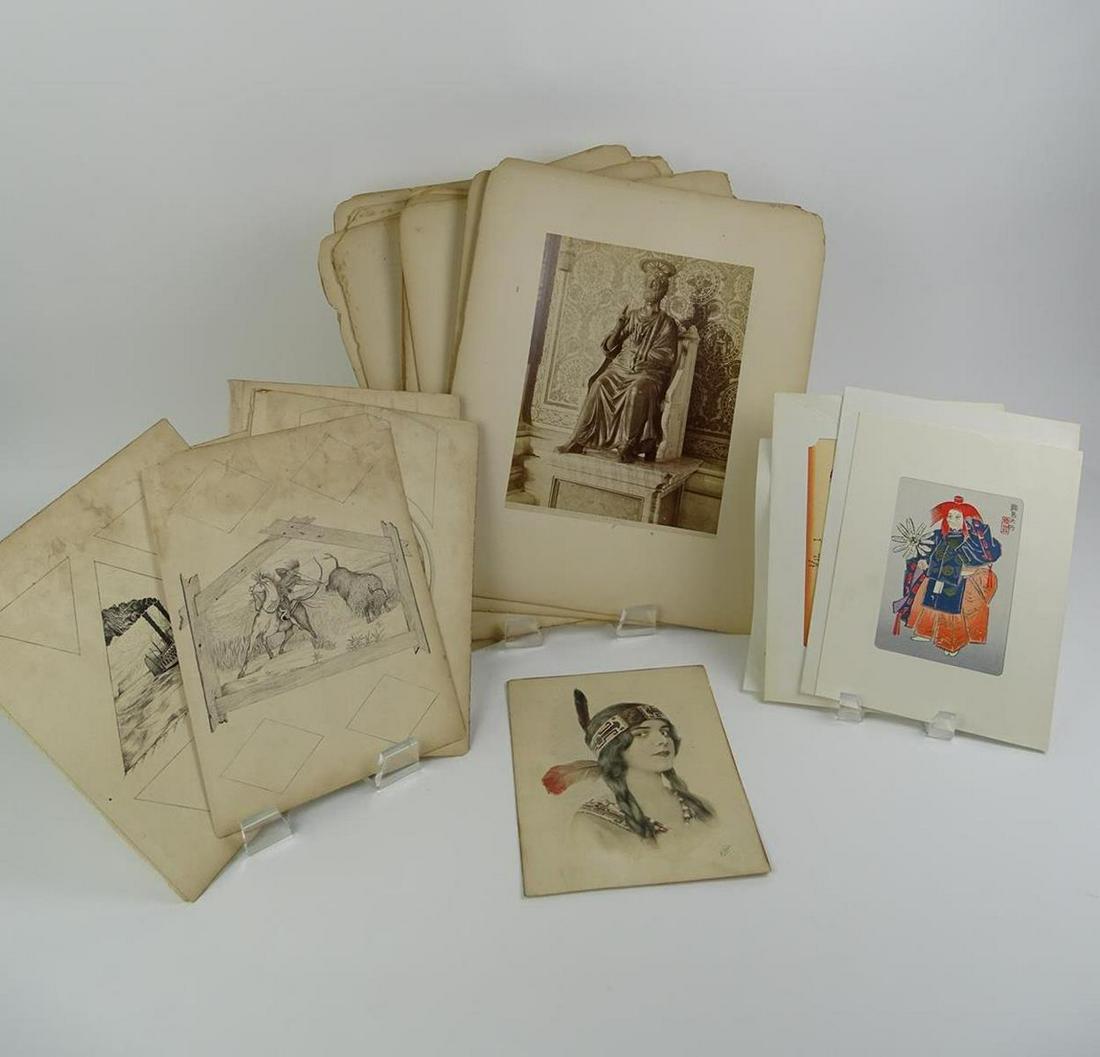 GROUPING OF ART AND PHOTOGRAPHS: INCLUDES WOOD BLOCK PRINTS BY UCHIDA ART CO., PENCIL DRAWINGS, EARLY PROFESSIONAL ITALIAN PHOTOGRAPHS