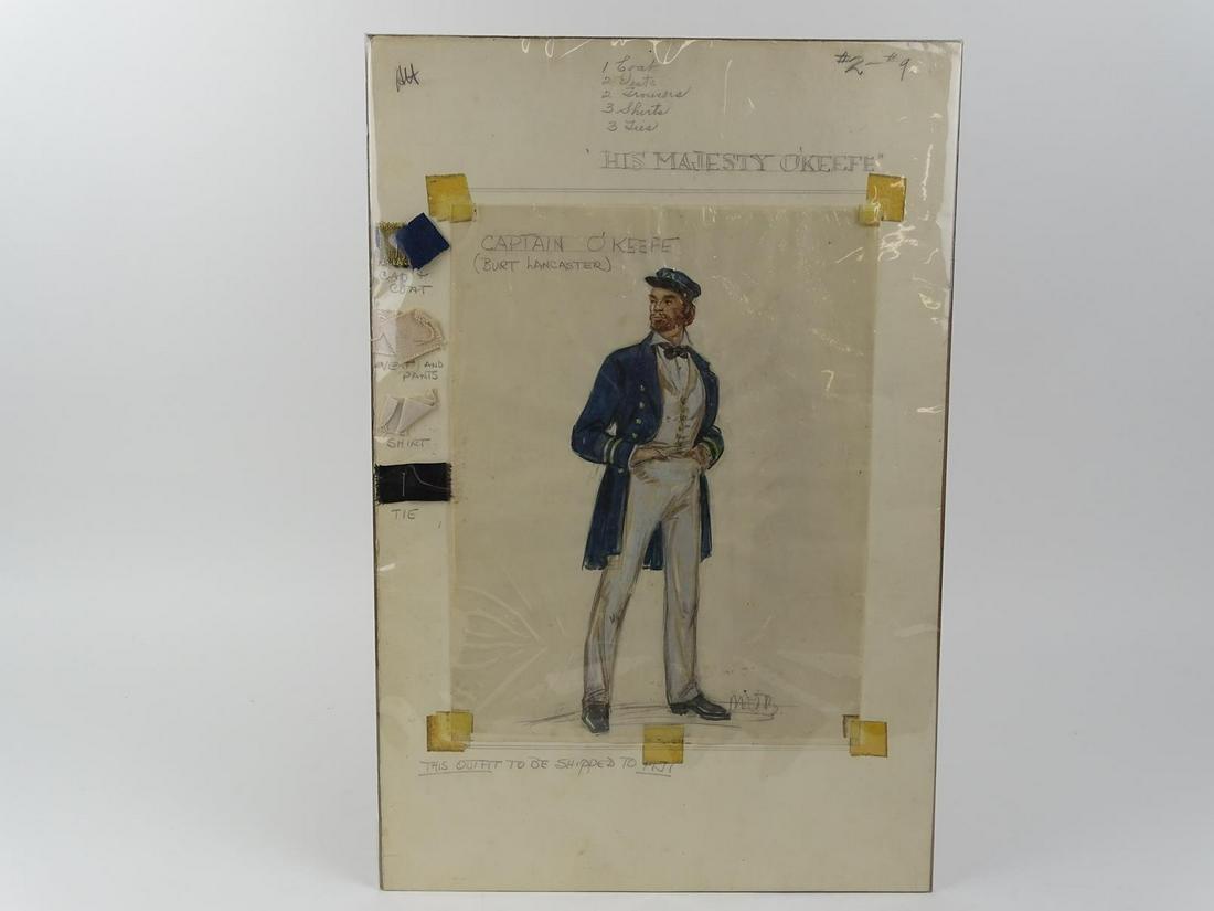 MARJORIE BEST COSTUME RENDERING - BURT LANCASTER: MARJORIE BEST (AMERICAN, 1903-1997) ORIGINAL COSTUME DESIGN DONE FOR THE MOVIE "HIS MAJESTY O'KEEFE", 1954. INCLUDES SKETCH, DESCRIPTIONS AND FABRIC SWATCHES. SIGNED BY THE DESIGNER. 12"X17.5"
