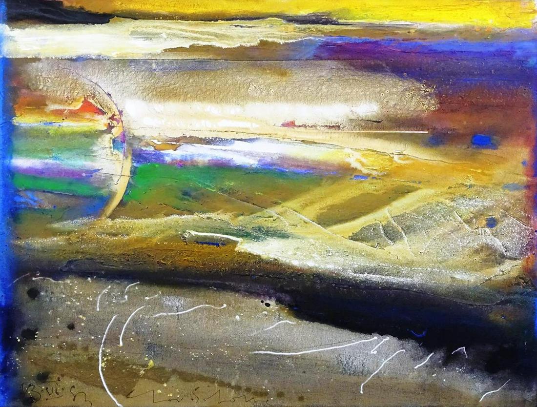 CHARLES SCHORRE (AMERICAN, 1925-1996) PAINTING: "SAND SIGNAL" TITLE ON REVERSE. OIL ON CANVAS. 48"X36"
