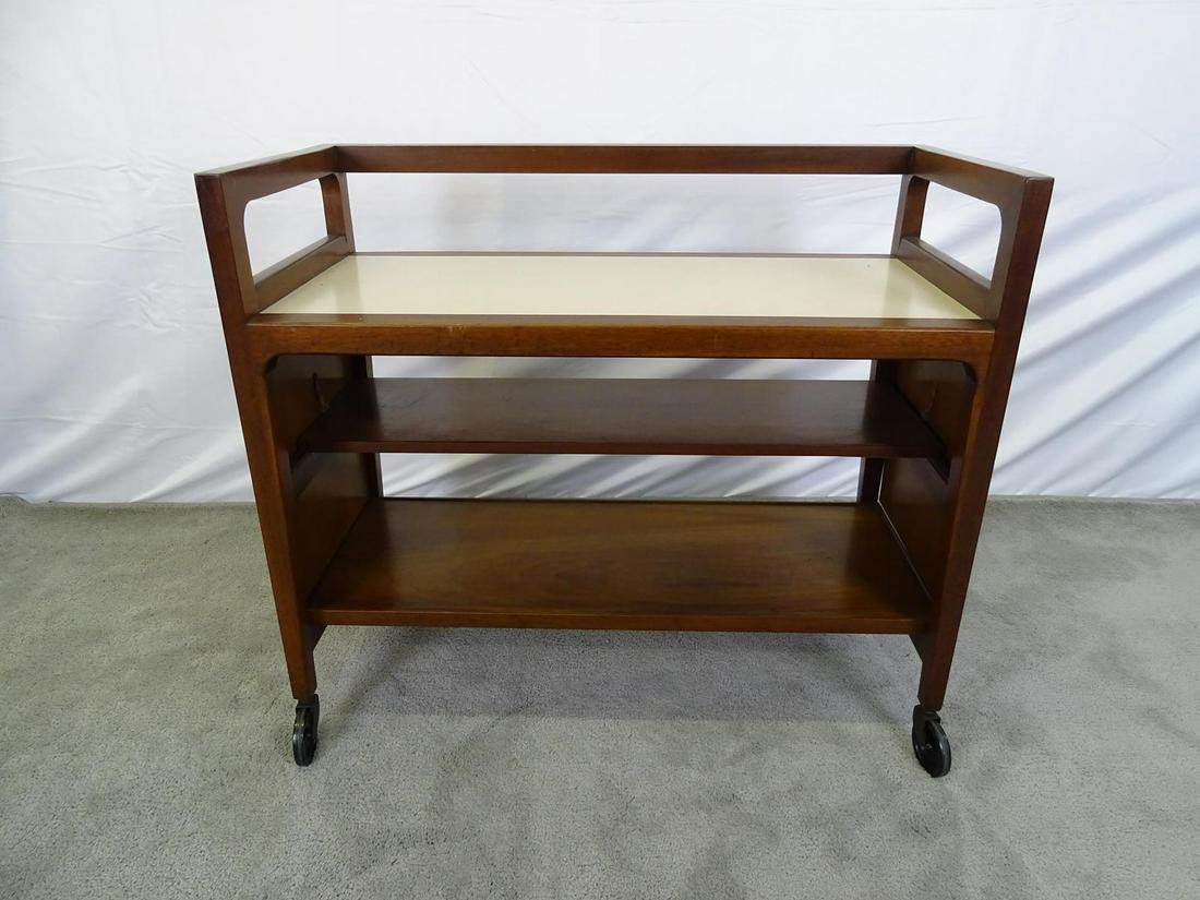 JOHN VAN KOERT FOR DREXEL BAR CART: MCM BAR CART WITH FOLD DOWN SIDE PANELS, ROLLING. 34"X16"X30"