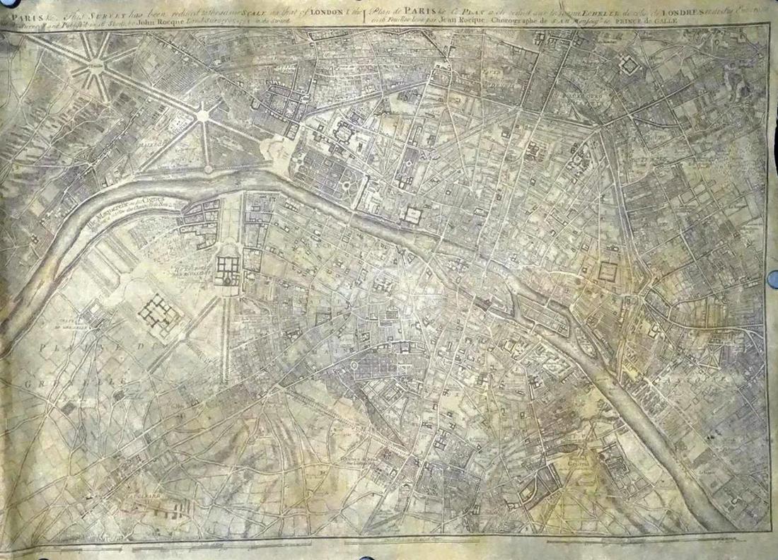 JOHN ROCQUE (ENGLAND, 18TH C.) SURVEY MAP OF PARIS: DATED 1854 WITH UPPER LEGEND. ON LINEN. 21.5"X29.5"