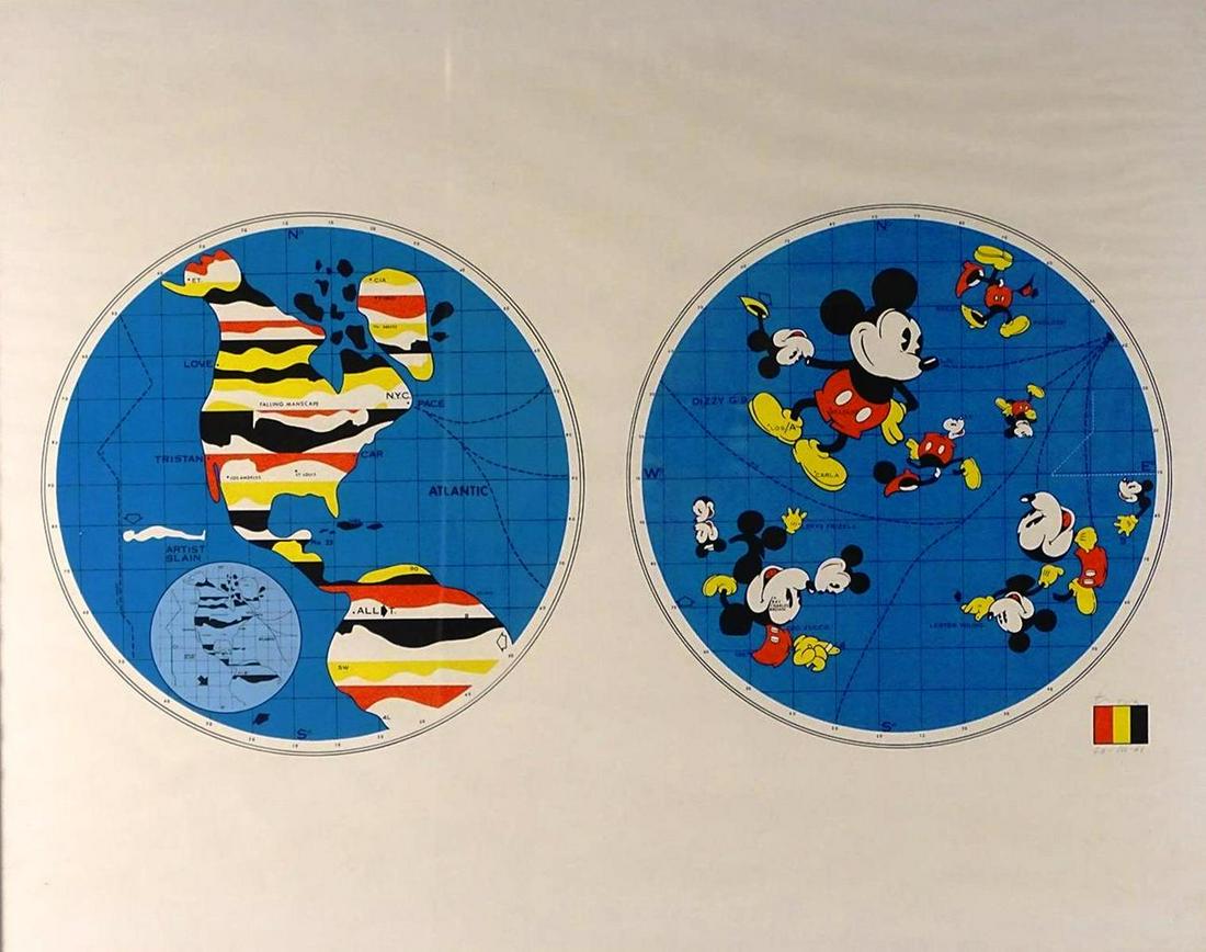 ERNEST TROVA (AMERICAN, 20TH C.) LITHOGRAPH: UNTITLED WORLD MAP AND MICKEY MOUSE. 1968. PENCIL SIGNED LOWER RIGHT. 23"X29"