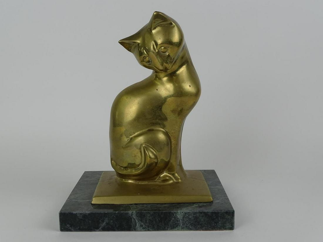ART NOUVEAU STYLIZED CAT: BRASS ON MARBLE BASE. 11"