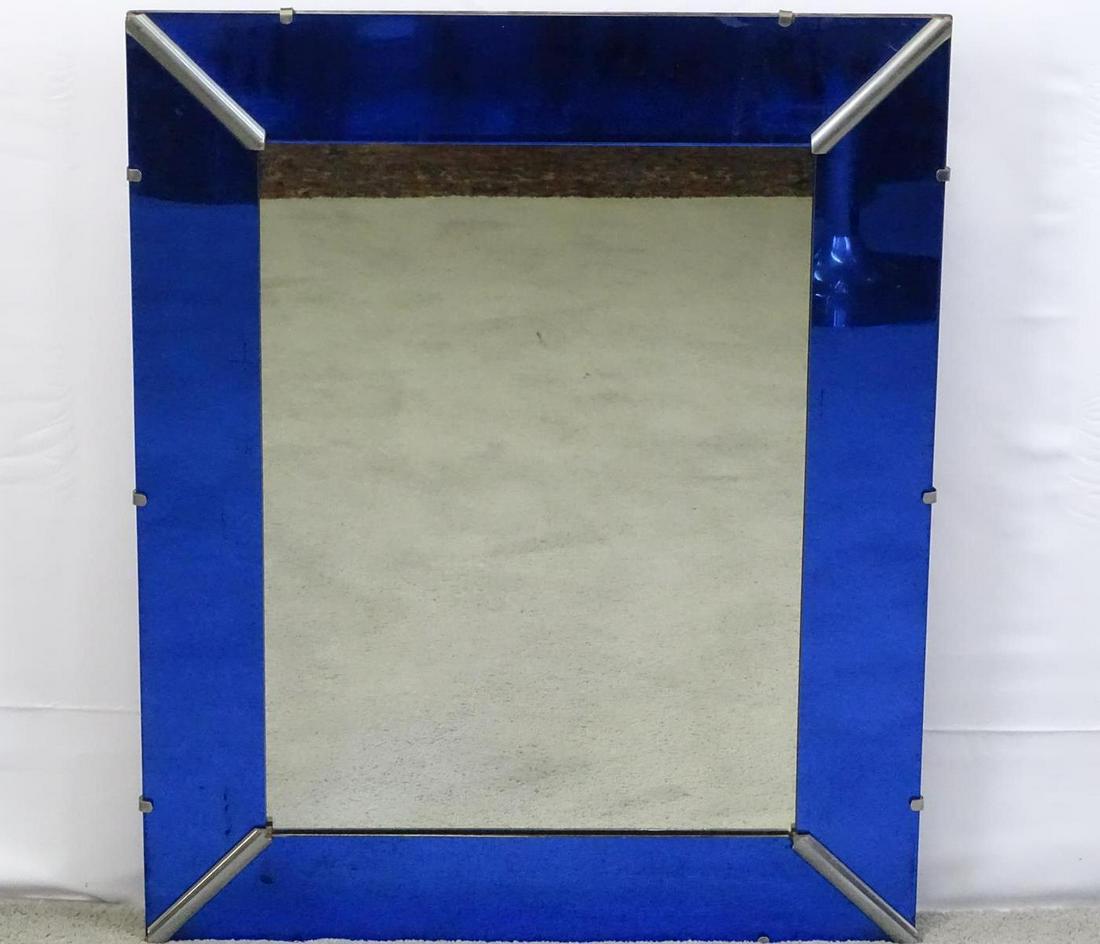 ART DECO WALL MIRROR: COBALT BLUE AND MIRRORED GLASS. 25"X32"