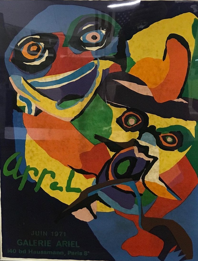 1971 GALERIE ARIEL - PARIS, ART POSTER: FEATURING KARL APPEL (DUTCH, 1921-2006) ILLUSTRATION. FRAMED. 21"X27"