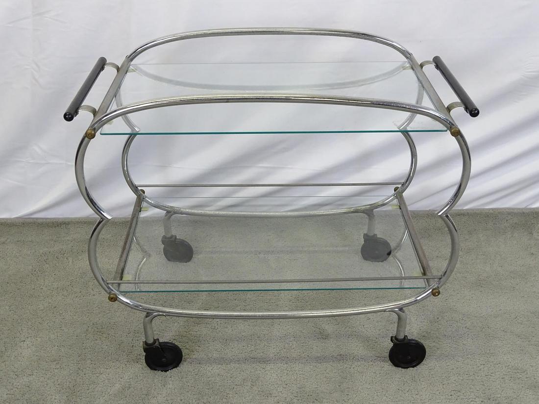 ART DECO TWO TIER BAR CART: SOME TARNISH TO CHROME STRUCTURE. 29"X16"X24"