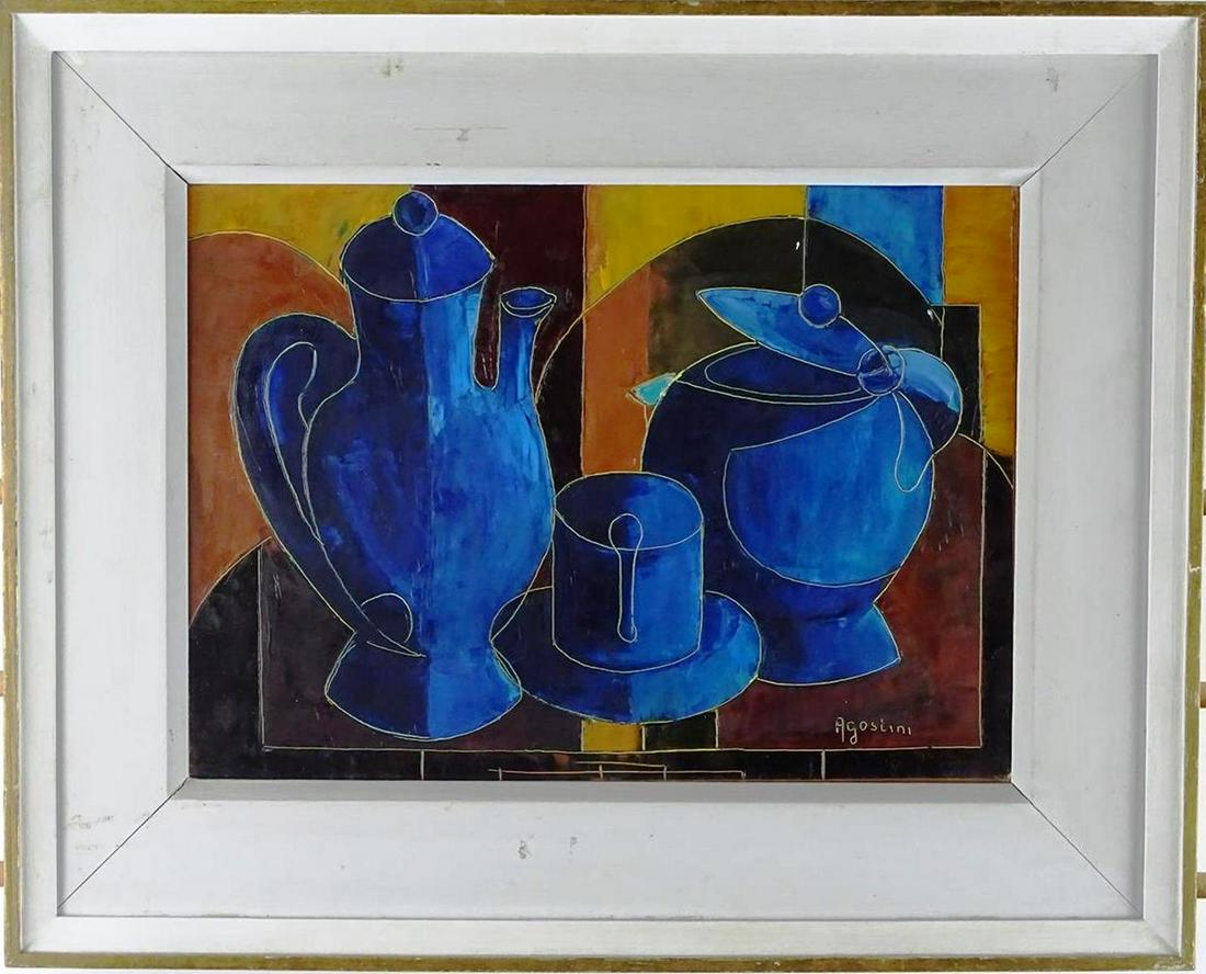 TONY AGOSTINI (FRANCE, 1916-1990) PAINTING: L' HEURE DU THE (TEA TIME). OIL ON BOARD AND NICELY FRAMED. 14"X18"
