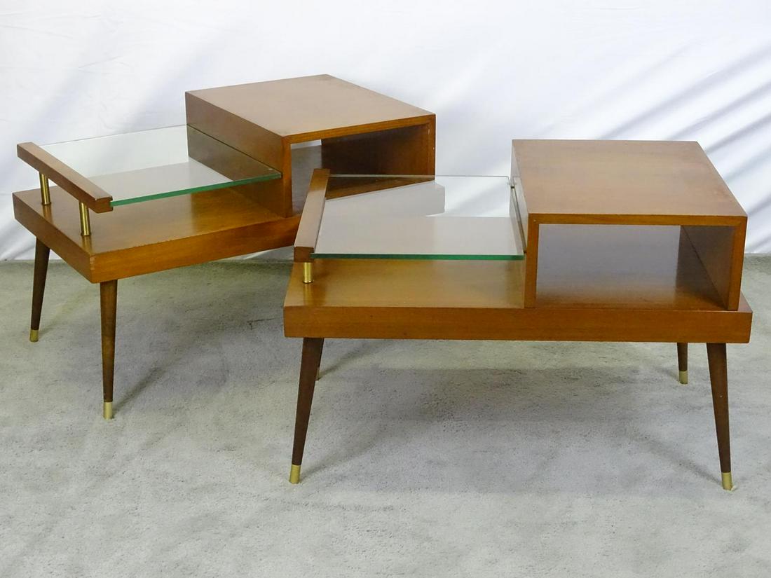 PAIR - JAMES-PHILIP CO. FLOATING GLASS END TABLES: GOOD VINTAGE CONDITION. 34"X20"X22"